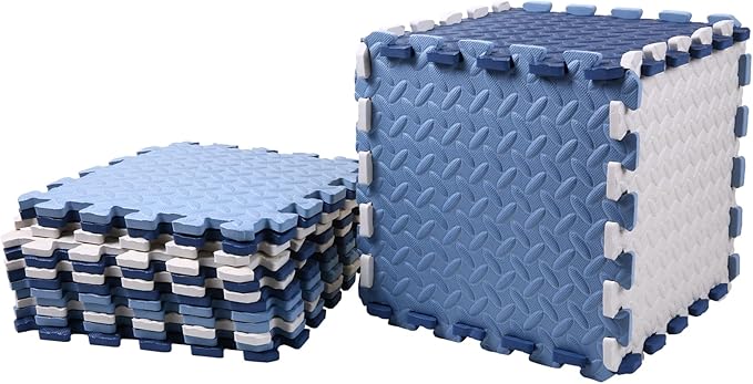 Foam Play Mat for Baby, 0.4 Inch Thick Foam Interlocking Floor Mats, Soft Non-Toxic Baby Playmat, Puzzle Play Mat Kids Floor Mats for Toddler, 16 Tiles(White/Dark Blue/Gray Blue)
