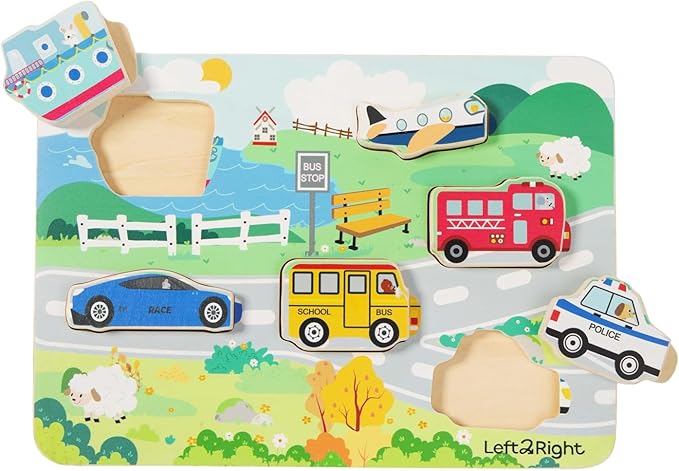 LEFT2RIGHT Wooden Puzzle for Toddlers 1-3 | Montessori Puzzle for 2 Year Old | Best Educational Puzzle for Motor Skills & Sensory Learning | Wooden Peg Puzzles for Toddlers 1-3 Transportation Edition