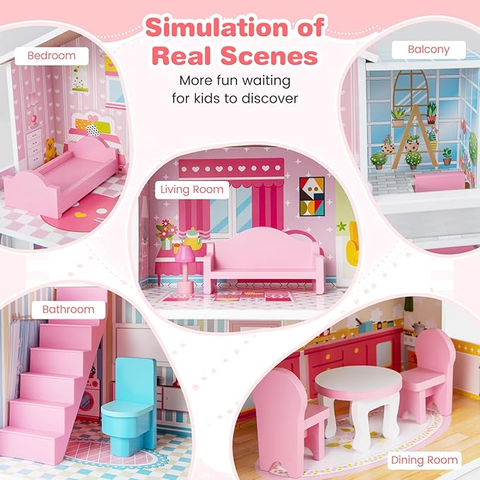 Costzon Wooden Dollhouse for Kids, 3-Story Semi-Open Doll House with 5 Rooms & 10 Pieces Furniture Set, Ladders & Balcony, Preschool DIY Pretend Play Dollhouse Toy, Gift for Girls & Boys Ages 3+