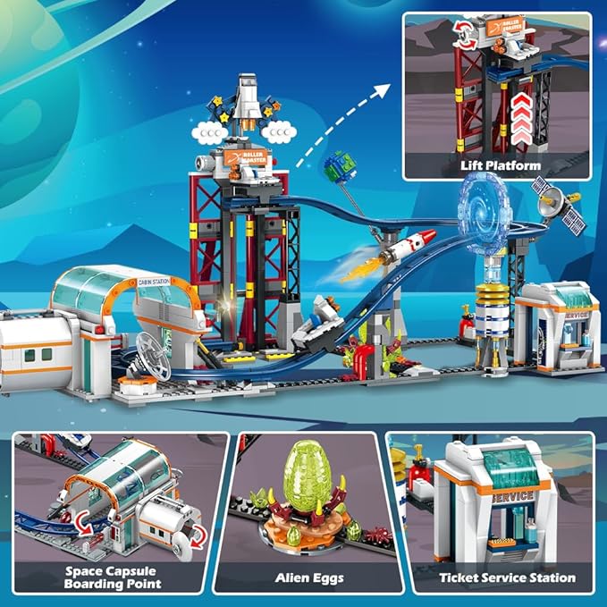 Space Roller Coaster Building Sets - Rollercoaster Building Toy with Rocket, Lift Platform, Satellitesr, Carriage, Food Cart, 926PCS Space Adventure Park for Adults Teens Kids Boys Ages 8-12