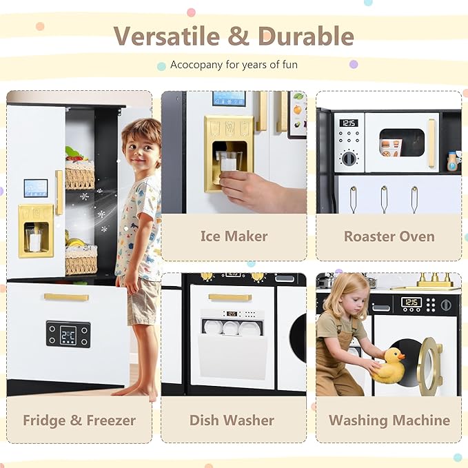 Kinder King Wooden Kids Play Kitchen, Toy Kitchen Playset for Toddler, Play Kitchen Set w/Transparent Coloring Board, Pretend Fridge, Washing Machine, Ice Maker, Gift for Boys Girls Age 3+, Black