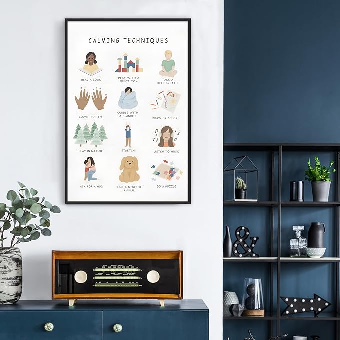 Feelings Calming Techniques Canvas Wall Art Calming Corner Classroom Mental health Posters Boho Emotions Chart for Kids Prints Special Education Wall Decor for Office School 20x30in BlackFramed