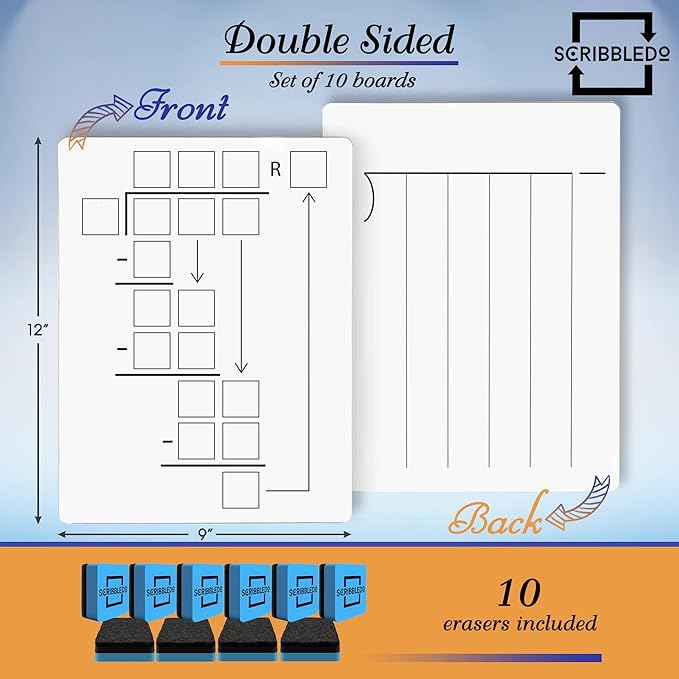 SCRIBBLEDO 10 Pack Dry Erase Division White Boards 9 x 12 Inch Whiteboards Double Sided Math Manipulatives Long Division Lapboards for Kids Students Classroom and Home 10 Whiteboard Erasers Included