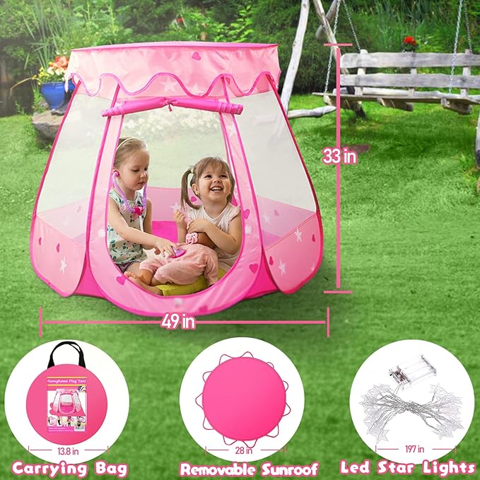 Pop Up Princess Tent with Star Light, Toys for Year Old Girl Birthday Gift, Ball Pit for Months Baby Girl Toys, Toddler Gift, Easy to Pop Up and Assemble(Pink)
