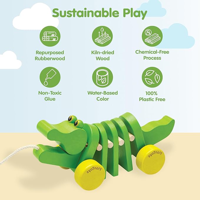 PlanToys® Dancing Alligator Pull Toy for Toddlers | Eco-Friendly Wood Toy with Click-Clack Sound | Walking Toy for Babies