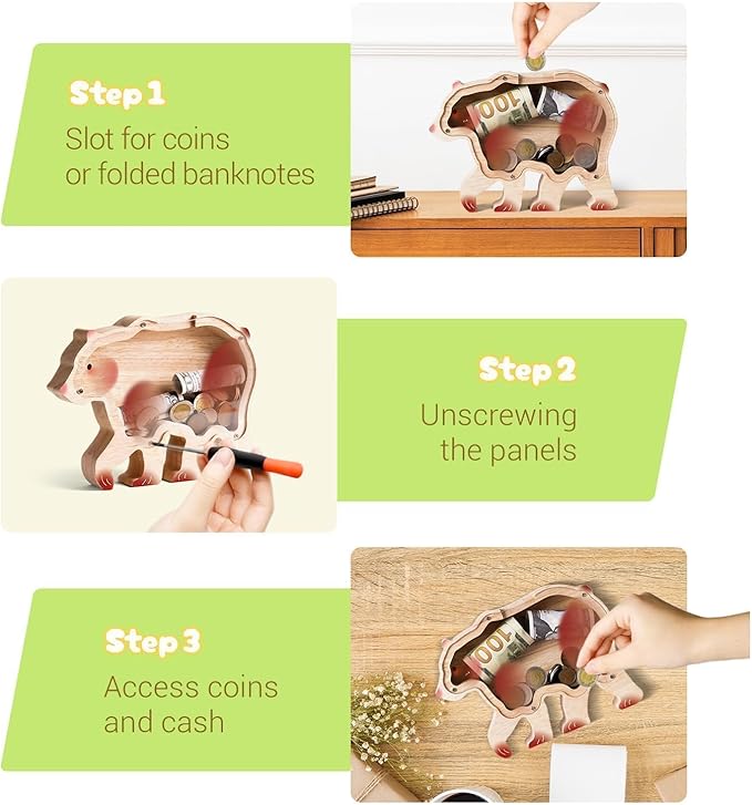 Wooden Bear Piggy Banks for Kids, Cute Unbreakable Money Coin Bank Jar, Safe Money Box, Transparent Saving Jar, Birthday Anniversary Baptism Gifts for Boys Girls Toddler Bear Lovers