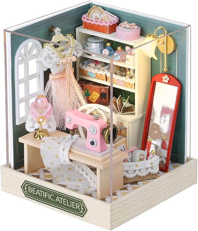 CUTEROOM DIY Doll House Miniature Furniture Wooden House Kit with Dust Cover & LED Light and Accessories - New Three Styles QT Series Dollhouse (QT047)