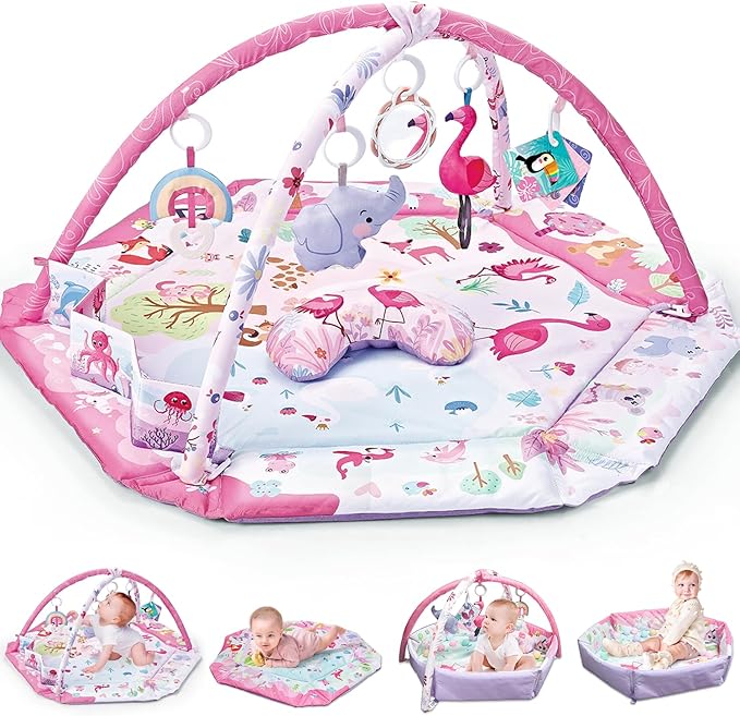 7-in-1 Large Activity Mat for Babies 0-6 Months Tummy Time Mat Play Mat, 5 Tummy TimeToys, 18 Ocean Toys, and 1 Tummy Time Pillow, Baby Activity Mat Easy to Install & Clean, Baby Gift