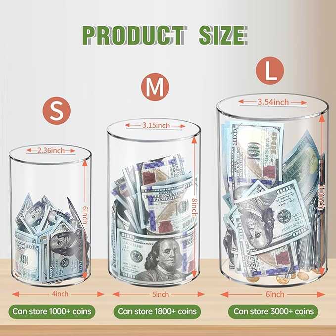 Clear Piggy Bank for Adults/Kids, Acrylic Unopenable Money Box for Cash Coin Saving, Must Break to Open, Money Saving Jar for Adults Boys Girls, Size 8" H x 5" Diameter