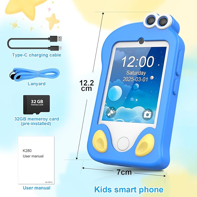 Kids Smart Phone, Phone for Kids Ages 3-12 | 2.8" Touchscreen, Dual Camera & Video Recording | Educational Learning Toy with Games & Music | Christmas Birthday Gift for Boys and Girls（Blue）