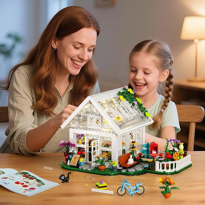 Flower House Building Set with LED Light, Garden House Fountain Countyard Buiding Toy with Flowers Potted & Cat Playset, Greenhouse Model Xmas Decor Gifts for Adults Friends Girls 6+