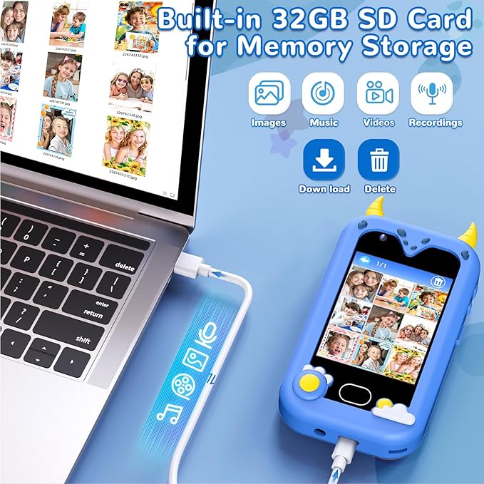 Lapare Kids Smart Phone Toys, 2.8'' Touchscreen HD Dual Camera Cell Phone for Kids, Birthday Gifts Dinosaur Toddler Play Phone for Boys 3-10, Travel Learning Toy with 32GB SD Card(Blue)