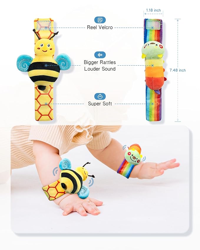 Infinno Baby Wrist Rattle Socks and Foot Finder Set, Perfect Baby Toys for 0-12 Months Newborn Boys and Girls As Shower Gifts, Garden Bug Series