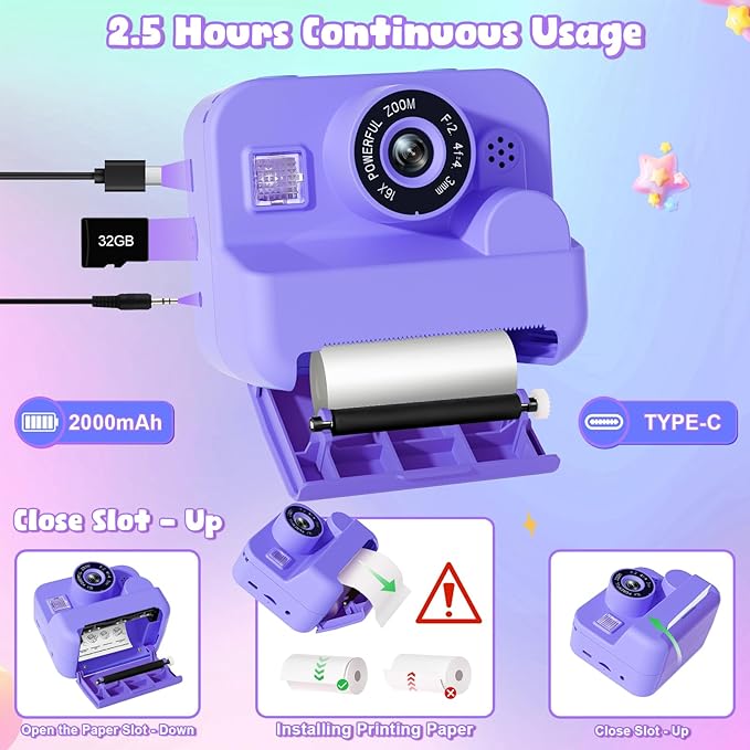 Kids Camera Instant Print - 1080P HD Video Digital Camera for Toddler with Printing Photo Paper, Portable Toy for 4 5 6 7 8 9 10 Years Old, Christmas Birthday Gifts for Boys Girls (Purple)