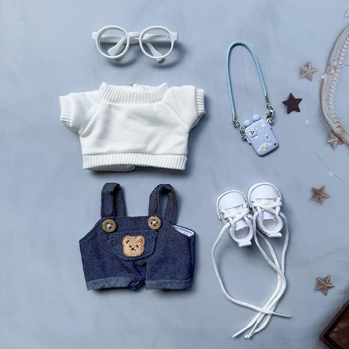 17cm Doll Clothes Set, 5 Pieces Dress Overalls Outfit Set for 6.7inch Doll Suit, Cute Fashion Hat & Clothes Accessories for 1st/2nd/3rd Gen Dolls Play & Display