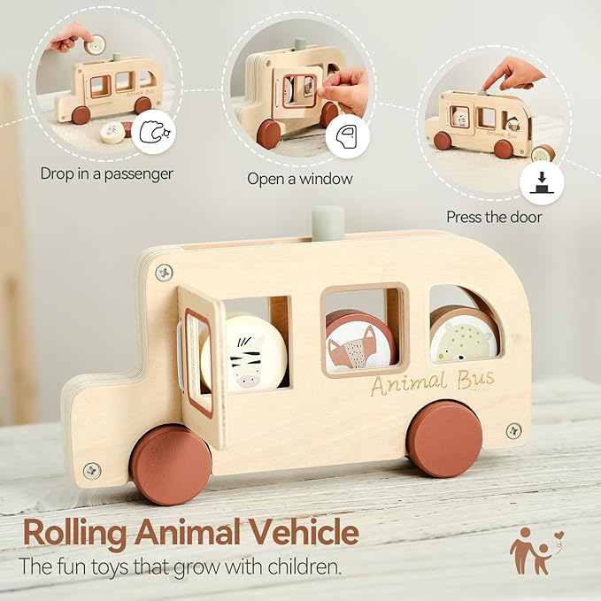 Wooden Animal Bus Toy with 3 Removable Animal - Shaped Discs, Designed with Pop Up, Roll and Ride Toy for Toddler Aged 3 Years and Up, Interactive Montessori Educational Toy for Toddlers' Daily Play