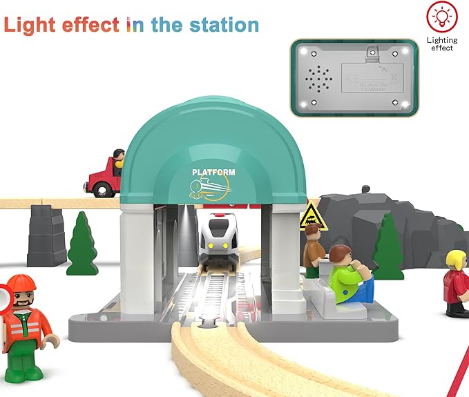 Train Station for Wooden Tracks, Train Accessories Tunnel with Sounds/Lights for Kids, Trains Toys for Motorized Cars for Railway System Compatible with Thomas & Friends, Brio, Chuggington