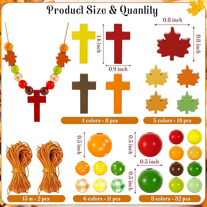 32 Pcs Fall Wood Cross Beads Necklace Crafts Kits- DIY Religious Fall Wooden Cross Beads Craft for Thanksgiving Christian Necklace Kit for Autumn Sunday School Classroom Crafts Supplies