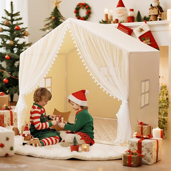 Large Kids Play Tent, 55.1in Length, Fits 3-4 Children,Indoor Playhouse for Kids, with Padded Mat and Lights, Bed Tent for Toddler, Birthday for Boys Girls