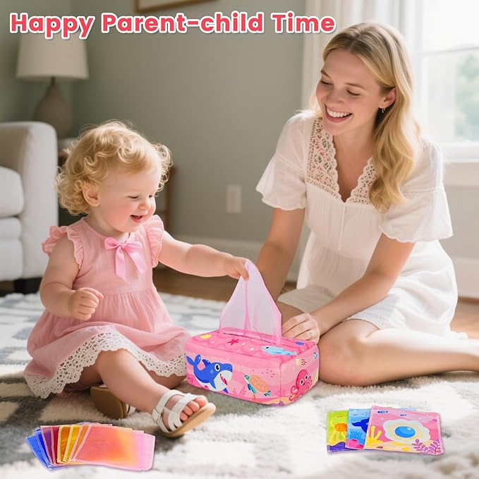Aiduy Baby Tissue Box Toy - Baby Girl Toys Montessori Toys for Babies 6-12 Months - Soft Stuffed High Contrast Crinkle Infant Sensory Toy 6 7 8 9 10 11 12 Months Old Gifts Pink