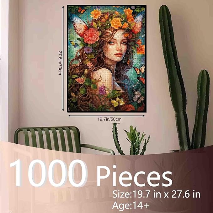 Tucocoo Beautiful Woman Jigsaw Puzzles for Adults 1000 Pieces, Butterfly Flowers Female Art Jigsaw Puzzle Colorful DIY Puzzles for Home Decoration Gifts, Family Puzzle Perfect for Game Nights