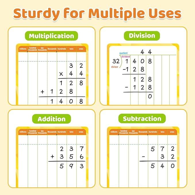 12 Packs Long Division & Multiplication Flash Cards: Math Manipulative Dry Erase Board, Math Games Chart for 2nd 3rd 4th Grade Classroom Must Haves, Homeschool Supplies Teacher Essentials