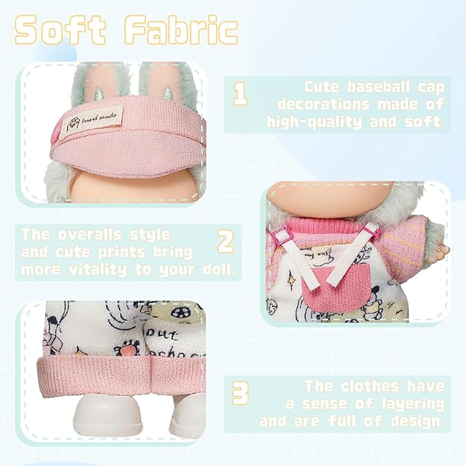 4-Piece Clothes for 17cm Doll, Cute Outfit Set with Hat, Sweater, Overalls, Shoes, Stylish Adorable Dolls Accessories for Display & Dress-Up (No Doll)