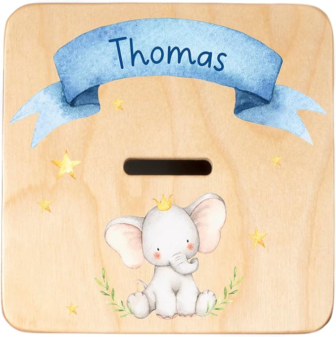 Wooden Piggy Bank for Kids and Adults, Personalized Gift Handmade in USA by BloomOwl, Custom Piggy Bank, Personalized Banks for Kids, Gifts for Baby Boys and Girls (Elephant- Blue)