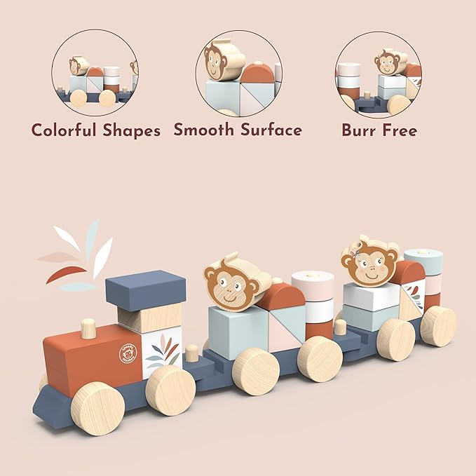 Speedy Monkey Wooden Pull-Along Train Stacker – Soft Colors, Monkey Character, Stacking Blocks, Build Houses | Non-Toxic Paint, Creative Fun, Ideal for Kids, Educational Toy for Toddlers