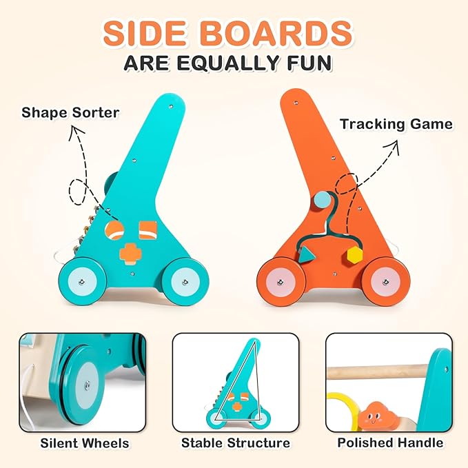 Wooden Baby Walker with Wheels, Walker for Baby Boys 6-12 Months Push Toy, Sit to Stand Activity Walker Learning to Walk
