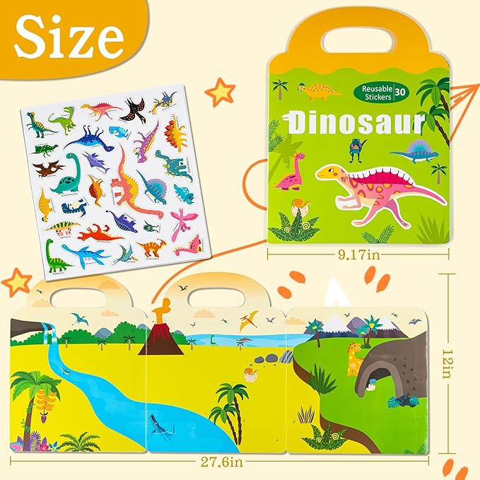 Magnetic Reusable Sticker Book for Toddler, Dinosaur Activity Magnet Book for 3 4 5 Years Boys Girls Road Trip Airplane Train Travel Essentials Toy for Kids Birthday Gifts Educational Learning Toys