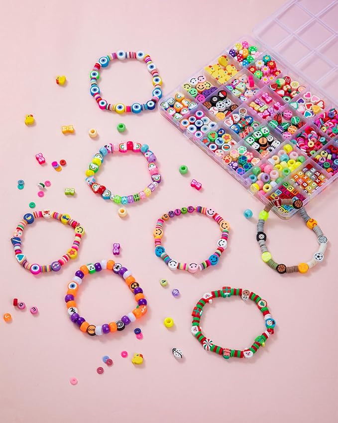 Taybonds Polymer Clay Beads Charms Bracelet Making Kit for Kids Age 6+, 740pcs DIY Jewelry Making with Pony Beads, Letter Beads, Charms & Elastic Cord – Gift for Girls Crafting and Creative Play