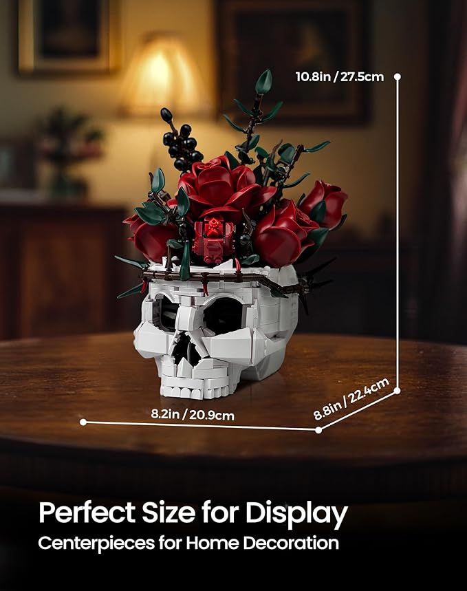 iATOM Halloween Skull Rose Bouquet Building Set, Flowers Botanical Collection Kit for Adults - Gothic Horror Skeleton Plant Pot Home Table Centerpiece Decor - Halloween, IA11008
