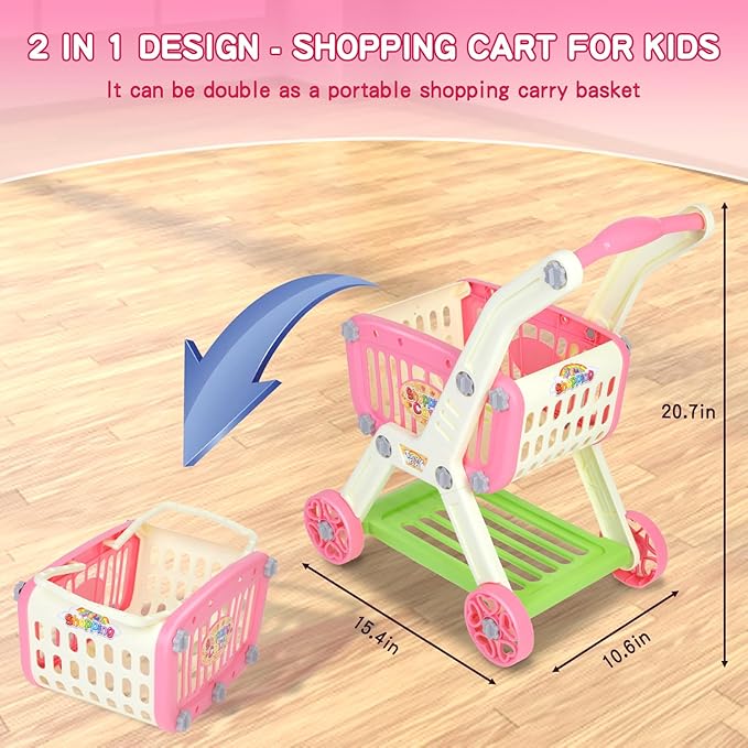 Kids Shopping Cart - 2 in 1 Toy Shopping Cart with Play Food Fruit Vegetable Dessert and Shop Accessories, 72pcs Pretend Play Grocery Store Toy Kitchen Game Trolley Play Set for Kids (Pink)