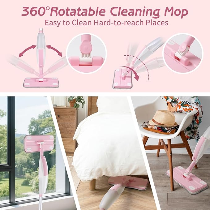Kids Spray Mop Pink, Real Working Water-Spraying Toy, Montessori Mini Mop with 2 Microfiber Washable Pads, Toddler Cleaning Set for Floor, Christmas Birthday Gifts for Age 3 4 5 6 7 8