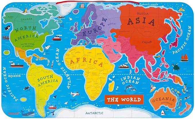 Janod Wooden Magnetic World Map Puzzle - 92 Pieces - 70 x 43 cm - Ages 7+ - J05504