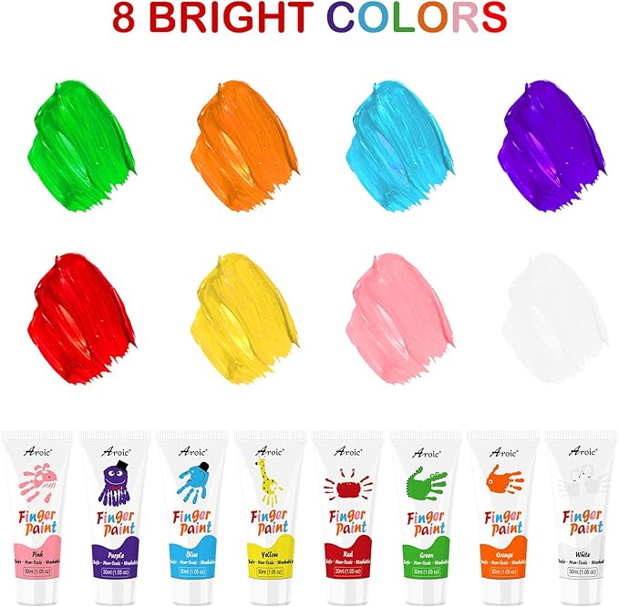AROIC 8PCS Washable Finger Paint for Kids, Non-Toxic Finger Paints 8Colors, Art Supplies for Toddlers, Painting Supplies for Kids Boys Girls Gifts, Hand Paint DIY Crafts