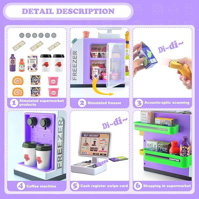 Pretend Play Cash Register Toy Set with Scanner, Play Money, Calculator, Coffee Machine and Play Food for Kids Ages 3+ (Purple)