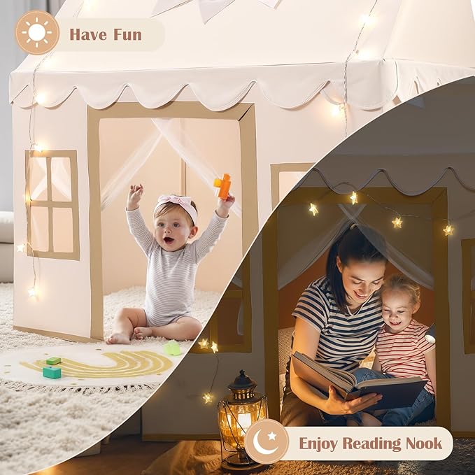 Kids Play Tent with Non-Slip Mat, Star String, Decorating Flag, Machine Washable Large Playhouse, Indoor and Outdoor Play Tent for Kids, Cream, 47" x 40" x 52"