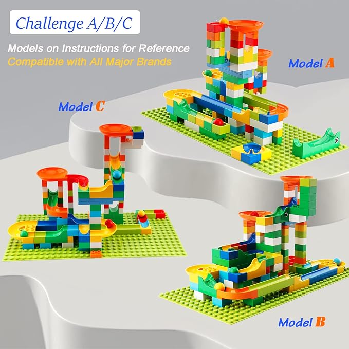 Marble Run Building Blocks, 145 PCS Classic Big Blocks STEM Toy Bricks Set Kids Race Track Compatible with All Major Brands Bulk Bricks Set for Boys Girls Toddler Age 3,4,5,6,7,8+