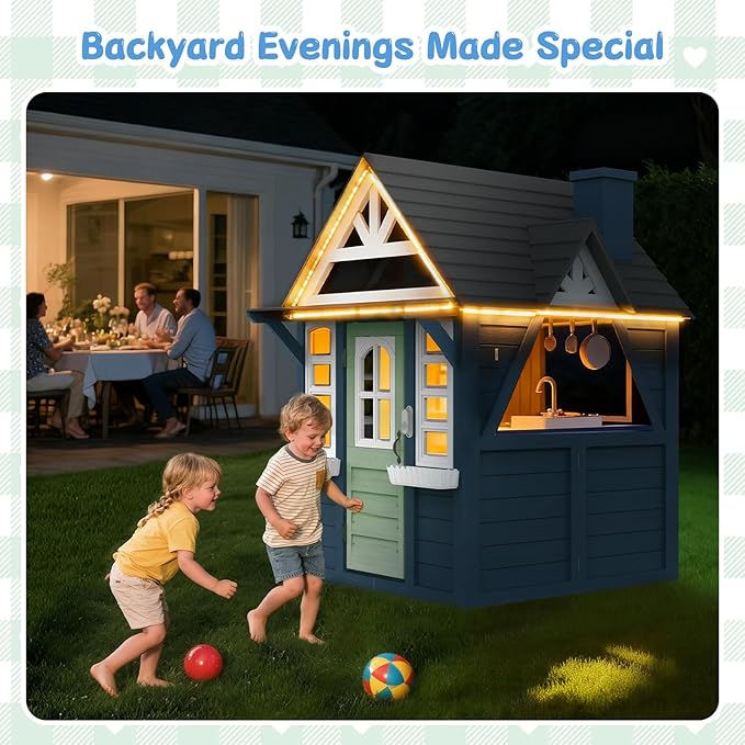 Kids Playhouse Outdoor,Wooden Play House Playset for Kids, Large, Sturdy, Realistic Design with Kitchen, Doorbell, Flower Pot, Stove, Sink & Clock, Perfect for Kid Ages 3-8 (Blue)