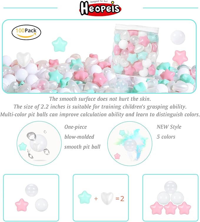 Ball Pit Balls Pack of 100 200 500 - Star and Round Set BPA Free Phthalate Free Non-Toxic Crush Proof Play Balls Soft Plastic Balls for Toddlers Baby Kids Birthday Pool Tent Party