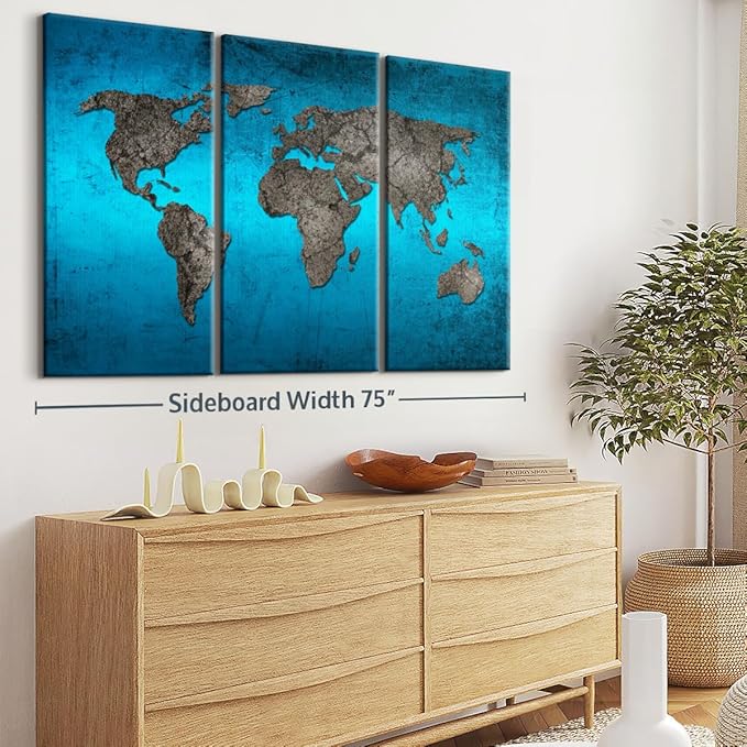 ElephantStock Ocean World Map Multi Piece Canvas - 3 Panel Wall Decor - Map of the World Art - Canvas for the Office and Home - 74" X 48"
