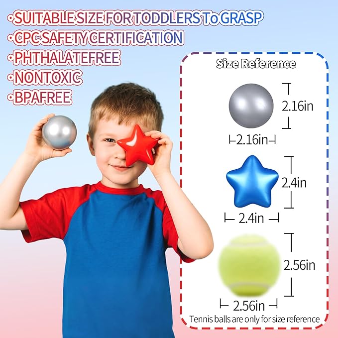 Ball Pit Balls Plastic Stars for Ball Pit BPA Free Plastic Balls Crush and Smash Proof Balls 100pcs 2.2" Set for Toddlers for Play Tent Tunnel (Red+Blue+Silver)