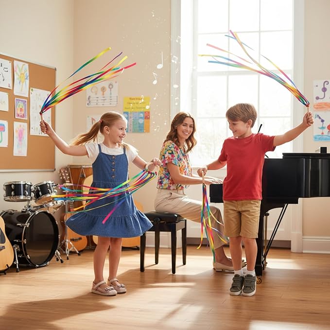 Sumind 6 Pcs Rainbow Ribbon Hand Kites Wands for Kids Dancer Streamer String Toy Thrown Waldorf Wand with Wooden Ring Wand Learning Educational(Warm Colors)