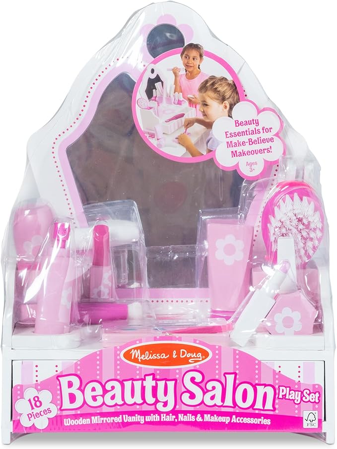 Melissa & Doug Wooden Beauty Salon Play Set, 18-Piece Vanity with Pretend Play Toys, Makeup, Mirror, Accessories & More, Preschool Toys for Girls & Boys Ages 3+ - FSC Certified