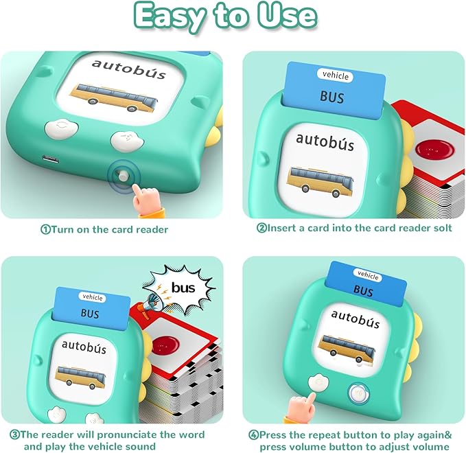 Kidzdo 520 Bilingual Spanish English Talking Flashcards for Toddlers, Educational Learning Toy, Birthday Present Xmas Gift for Kids 2 3 4 5 6, Pocket Speech Therapy Toys for Autism Children, Green