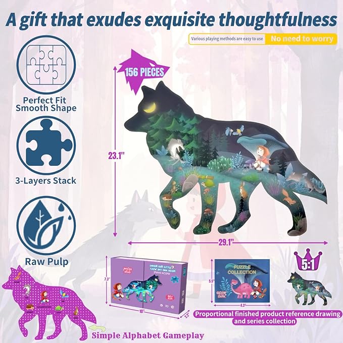 OLMZIHYVD Jigsaw Puzzles for Kids Ages 6-8, 156 Pieces Glow in The Dark Wolf Floor Puzzle, Educational Gifts for Boys Girls and Animal Lovers, Ideal for Indoor and Outdoor Play, 29.1" × 23.1"