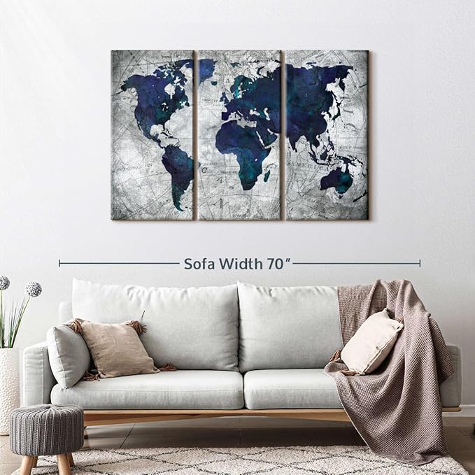 ElephantStock Deep Blue World Map Multi Piece Canvas - 3 Panel Wall Decor - Map of the World Art - Canvas for the Office and Home - 50" X 32"