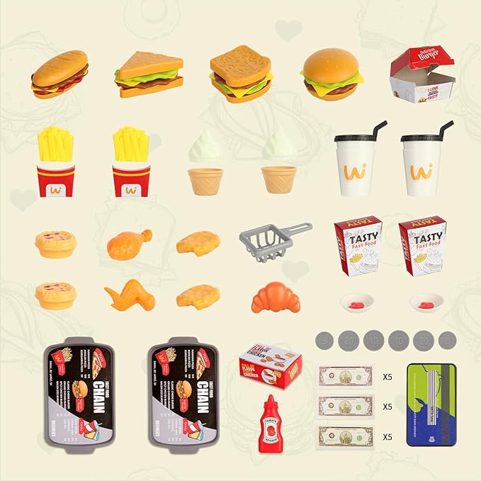 Pretend Play Food Toy for Kids Kitchen with Cash Register, Coffee Maker, 71 Pcs Fast Food Set with Burger, Fries, Ice Cream, Play Money, Educational Birthday Gift for Boys Girls Ages 3-8 (Red)